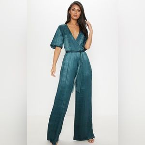 PrettyLittleThing Emerald Green Satin Pleated Wide Leg Jumpsuit